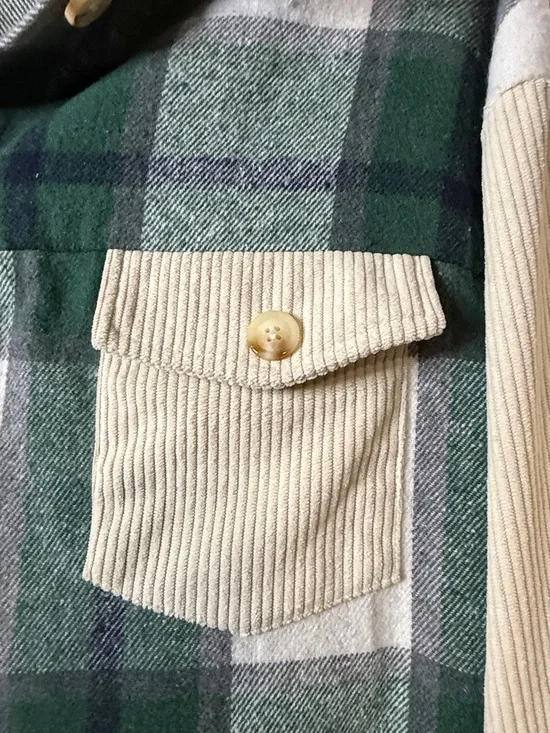 SHEIN Green, Cream and Gray Plaid Corduroy-Sleeve Button-Down Shacket - Picture 3 of 7